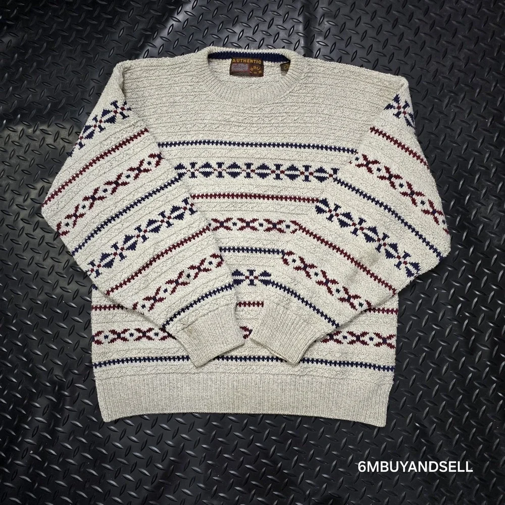 Authentic‎ Issue 90 Vintage Mens Large Cotton Knit Fair Isle Sweater Made in USA
